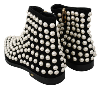 Chic Black Suede Ankle Boots With Pearls