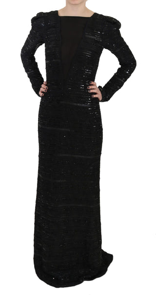 Black Silk Sheath Maxi Dress With Sequins