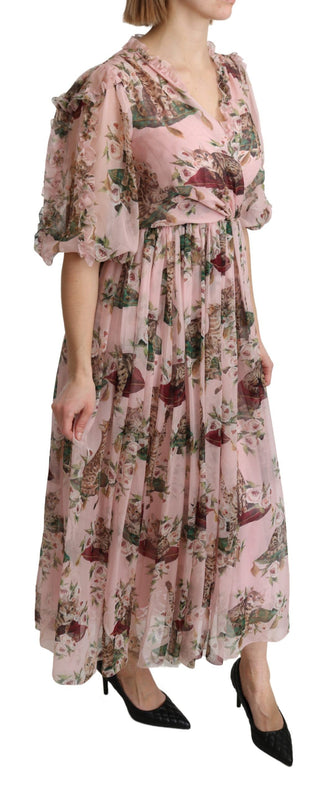 Elegant Pink Bengal Cat Print A-line Maxi Dress