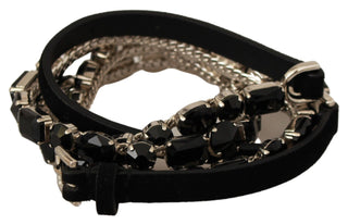 Luxurious Black Crystal-embellished Leather Belt