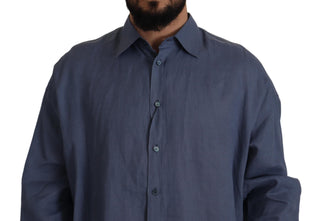 Elegant Dark Blue Linen Dress Shirt