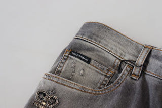 Elegant Gray Washed Cotton Stretch Jeans