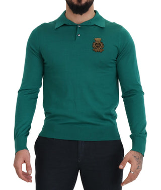 Green Cashmere Collared Logo Pullover Sweater