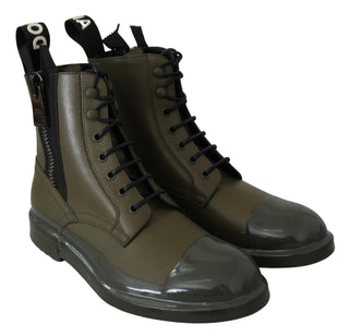 Chic Military Green Leather Ankle Boots