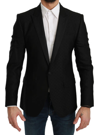 Elegant Black Polka Dotted Wool Blend Blazer