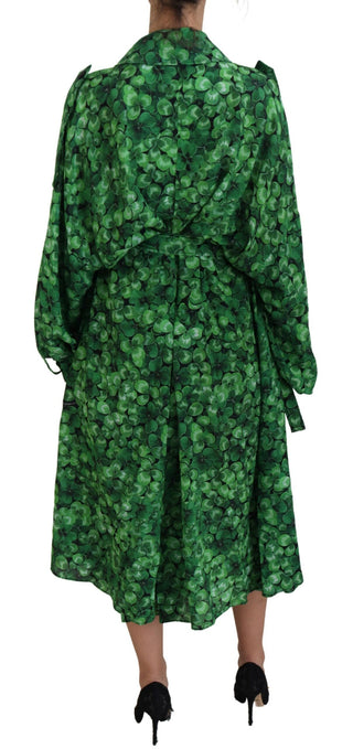 Silk Green Leaves Print Trench Jacket