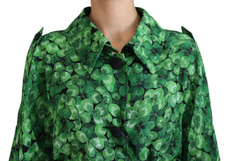 Silk Green Leaves Print Trench Jacket