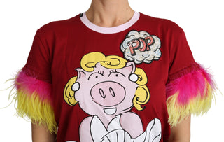 Chic Red Pig Print Crew Neck T-shirt