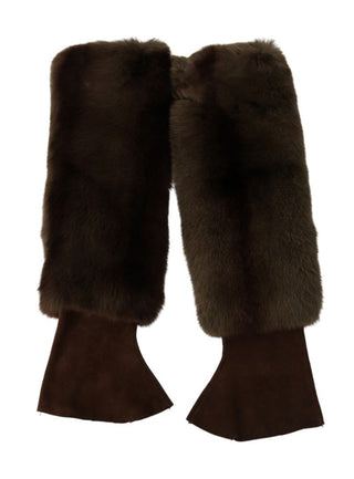 Elegant Brown Fur & Leather Elbow-length Gloves