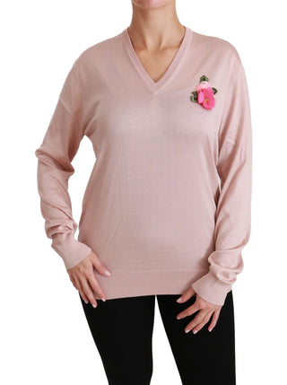 Pink Floral Silk V-neck Sweater