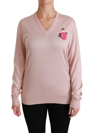 Pink Floral Silk V-neck Sweater