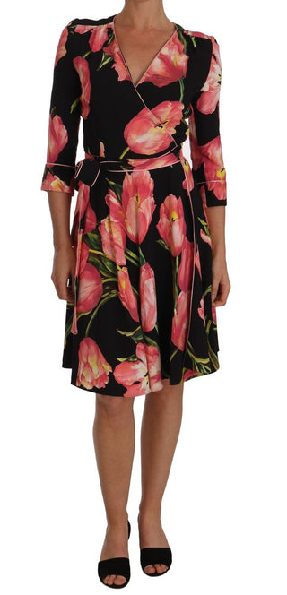 Elegant Black Shift Dress With Pink Tulips Print