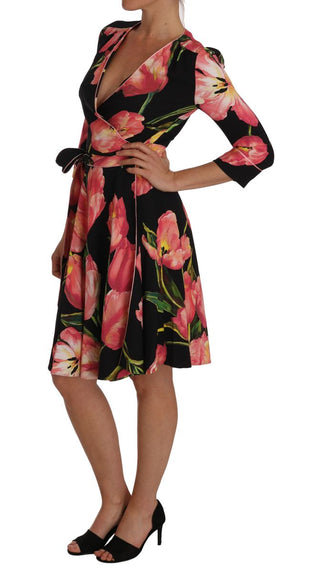 Elegant Black Shift Dress With Pink Tulips Print