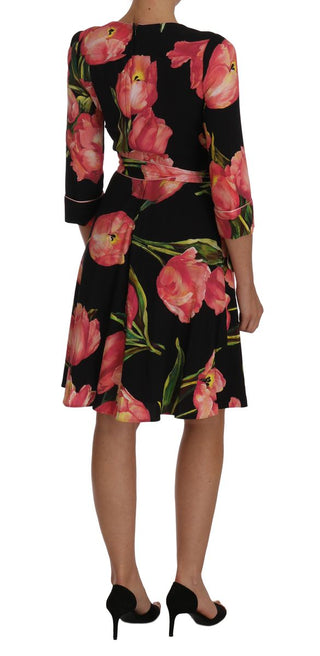 Elegant Black Shift Dress With Pink Tulips Print