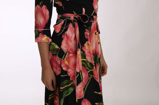 Elegant Black Shift Dress With Pink Tulips Print