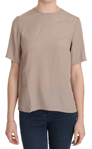 Elegant Beige Silk Blend Crew Neck Blouse