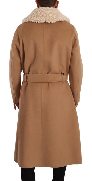 Opulent Beige Shearling-collar Overcoat