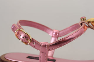 Chic Pink Leather Sandals With Exquisite Embellishment