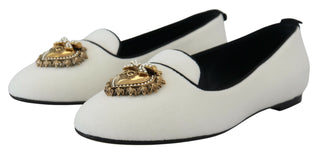 Elegant White Velvet Loafers With Gold Heart Detail