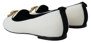 Elegant White Velvet Loafers With Gold Heart Detail