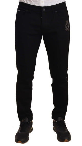 Heraldic Embroidered Slim Fit Black Jeans