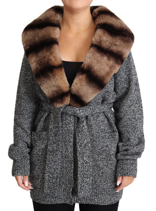 Elegant Cashmere Cardigan With Rabbit Fur Collar