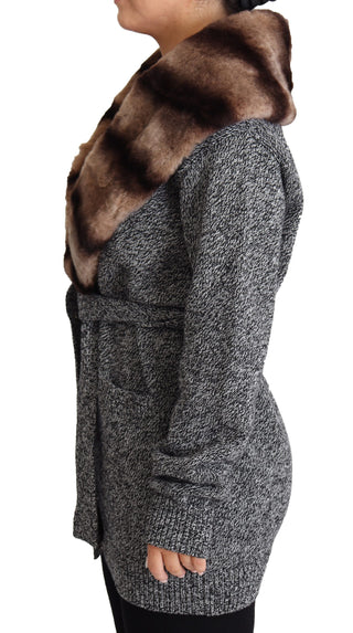 Elegant Cashmere Cardigan With Rabbit Fur Collar