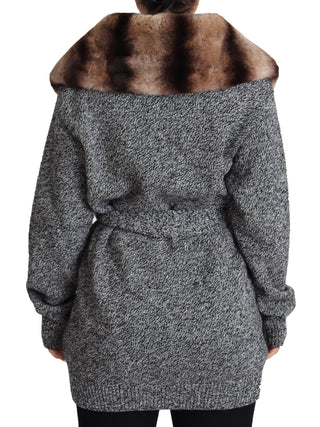 Elegant Cashmere Cardigan With Rabbit Fur Collar