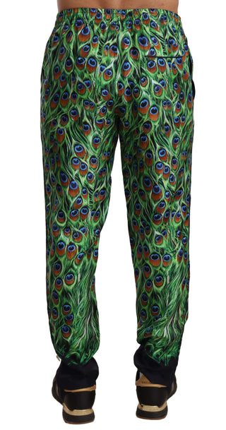 Elegant Green Silk Lounge Trousers with Peacock Print