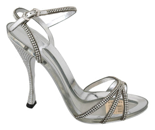 Silver Leather Ankle Strap Sandals With Crystals