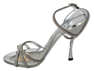 Silver Leather Ankle Strap Sandals With Crystals