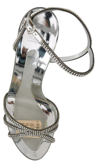 Silver Leather Ankle Strap Sandals With Crystals