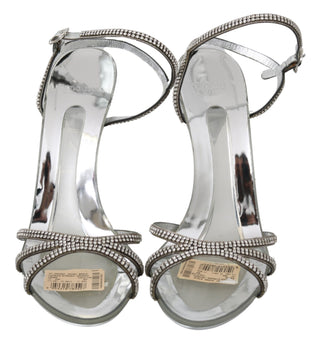 Silver Leather Ankle Strap Sandals With Crystals