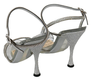 Silver Leather Ankle Strap Sandals With Crystals