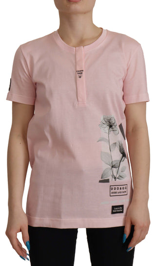 Floral Henley Cotton Tee In Pink