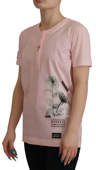 Floral Henley Cotton Tee In Pink