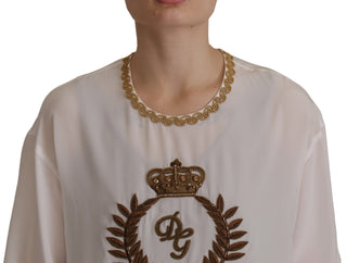 Elegant Silk Blouse With Gold Crown Embroidery