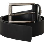 Black Calf Leather Engraved Crown Logo Buckle Belt