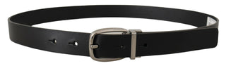 Elegant Black Leather Belt With Silver Tone Buckle