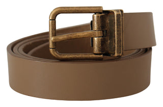 Elegant Brown Leather Belt With Brass Tone Buckle