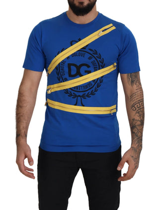 Blue Zipper Short Sleeves Cotton  T-shirt