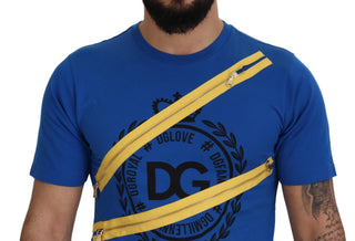 Blue Zipper Short Sleeves Cotton  T-shirt