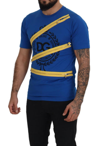 Blue Zipper Short Sleeves Cotton  T-shirt