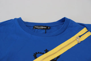 Blue Zipper Short Sleeves Cotton  T-shirt