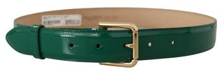 Elegant Green Leather Belt With Gold Buckle Detail