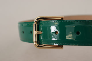 Elegant Green Leather Belt With Gold Buckle Detail