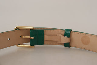 Elegant Green Leather Belt With Gold Buckle Detail