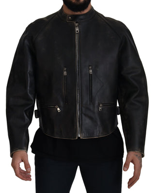 Elegant Black Leather Jacket With Silver Details