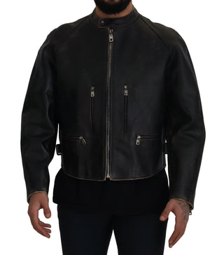 Elegant Black Leather Jacket With Silver Details