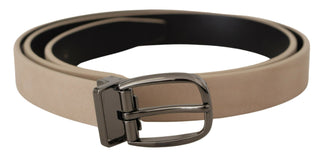 Elegant Beige Leather Belt With Silver Tone Buckle